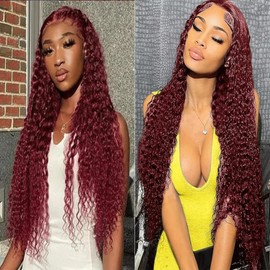 Burgundy Lace Front Wigs Human Hair 99J 13x4 Curly Lace Frontal Wigs Human Hair Pre Plucked HD Transparent Wet and Wavy Red Color Curly Wig Human Hair for Women with Baby Hair 22 Inch 180 Density
