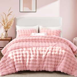 YIKUSH Pink Comforter Set Queen - Luxurious Faux Fur Comforter for Winter, Fluffy Comforter Queen Set with 2 Pillowcases, Soft Warm Pink Bedding Set