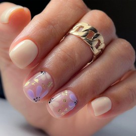Press on Nails Short Fake Nails Cute Flower Acrylic Nails Press ons Square Shape Milky White False Nails Small Flowers Stick on Nails Short Artificial Purple Floral Nails for Women 24 Pcs