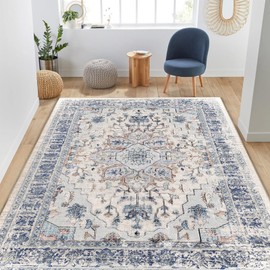 BESTSWEETIE Area Rug 6x9 Rugs for Living Room 6 x 9 Washable Rugs Non Slip Vintage Boho Living Room Rugs for Bedroom Dining Room, Distressed Floral Pattern Carpet, Beige Blue