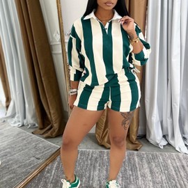 Weafmlia Women's Summer Long Sleeve Lapel T Shirts Mini Shorts Casual Loose Set Streetwear Green L