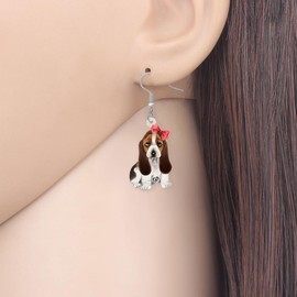 SHIGIE Acrylic Cute Bow Tie Basset Hound Dog Earrings Charms Dangle Puppy Animals Lightweight Jewelry For Women Pet Lovers Gifts (White)