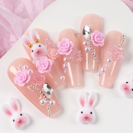Camellia Cute Rabbit Nail Art Decorations, 3D Flower Animal Pearl Nail Art Accessories, Rhinestone Gems for Nail Stickers Decals Foils, Women Girls Manicure Floral Supplies Resin Nail Art Tip