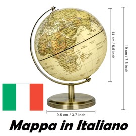 Exerz 14cm World Globe Mini Antique Globe - Italian Map - Educational/Geographic - 14cm Diametre Metal Arc and Base Bronzed Colour Vintage