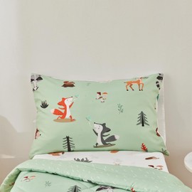beeweed 4 Pieces Woodland Animal Toddler Bedding Set Boys Girls, 2 Sides Design Fox Bed in a Bag Comforter Set, includes 1 Comforter, 1 Fitted Sheet, 1 Flat Sheet and 1 Reversible Pillowcase