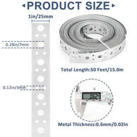 Galvanized Metal Strap 1-Inch x 50Feet, 23-Gauge Pipe Hanger Strap Metal Strapping with Holes Plumbers Strap DIY Cutting for Pipe Supports Hanging