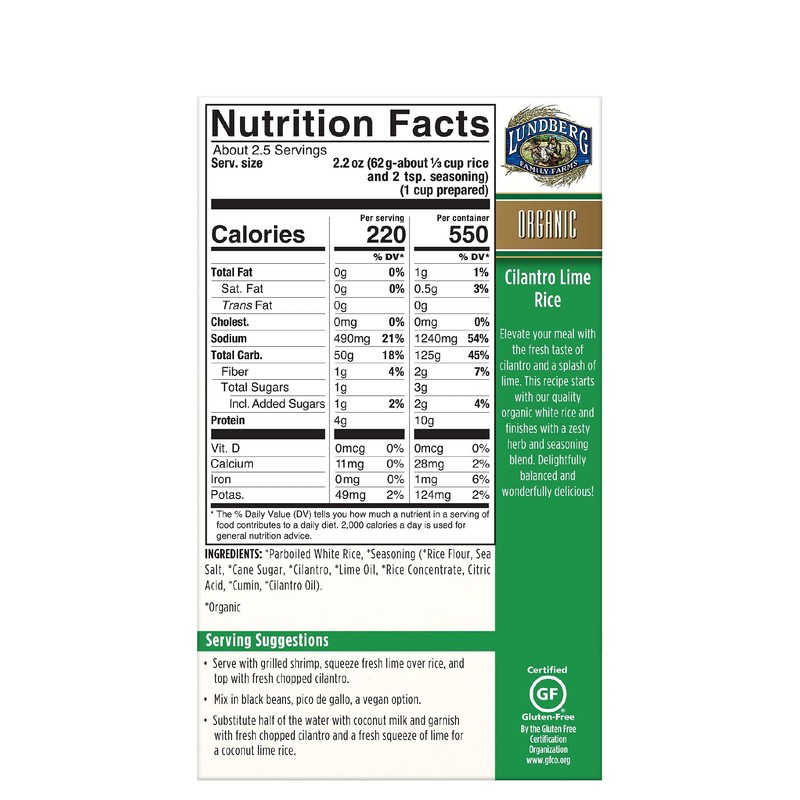 Lundberg Organic White Rice Entree, Cilantro Lime, 5.5oz, Gluten-Free, Vegan,