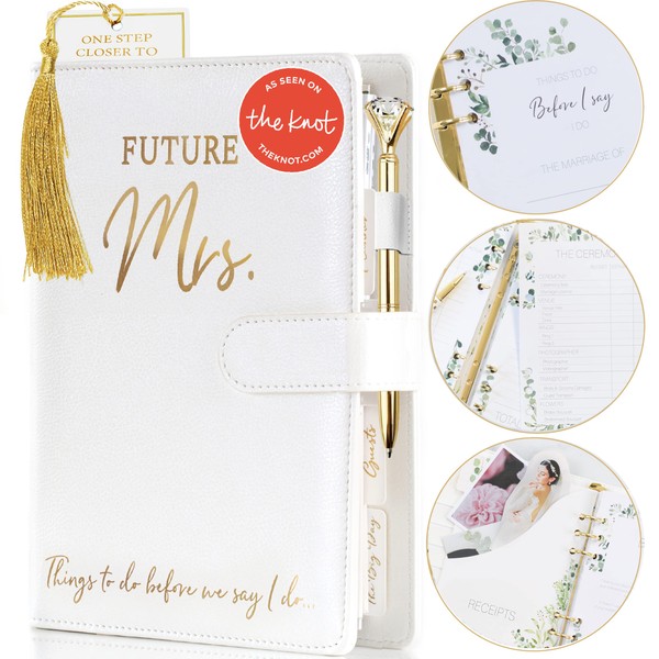 Wedding Planner Book and Organizer for The Bride -Faux Leather, Gold Foil 'Future Mrs' Wedding Binder I Includes Pen, Bookmark & Stickers I Engagement Gifts for Women I Wedding Planning Book Checklist