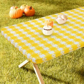 Spotjoy Rectangle Picnic Table Cloth, Waterproof Elastic Fitted Outdoor Table Covers for 6 Foot Tables, Flannel Backed Plastic Tablecloths for Camping, Dining and Indoor (30"x72", White & Yellow)