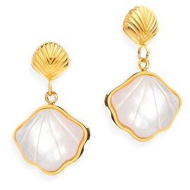 BXDA Gold Seashell Dangle Stud Earrings for Women, Dainty Statement White Enamel Shell Dangling Drop Earring Summer Beach Jewelry Gift.