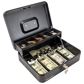 Cash Box with Key Lock - Steel Tiered Money Coin Tray with Lid Cover and Bill Slots | Portable Compact Safe | 4 Keys | Black Metal Lockable Storage Box for Change, Petty Cash, Fundraiser, Garage Sale