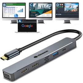 USB C Hub HDMI VGA Adapter for Triple Monitor, VIENON 5-in-1 Laptop Docking Station with Dual 4K HDMI+1080P VGA+USB 3.0+PD 100W Comaptible for MacBook Pro, XPS More