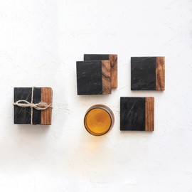 Creative Co-Op Marble and Acacia Wood 2-Tone, Black and Natural, Set of 4 Coaster