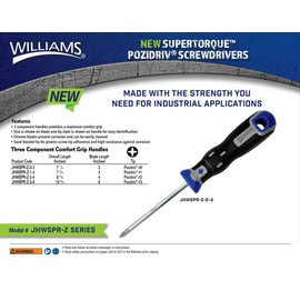 Williams JHWSPR-Z-2-4 Supertorque Pozidriv Screwdrivers #2 Tip, 4-Inch Blade Length, 8-3/4-Inch Overall Length, Three Component Comfort Grip Handle, Blue, Silver