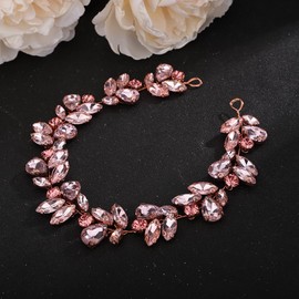 Teyglen Bridal Crystal Headband Bride Wedding Rhinestone Hair Vine Handmade Pink Crystal Hair Pieces Sparkly Long Black Red Pink Headband Hair Accessories for Women Bride Girls (Pink)
