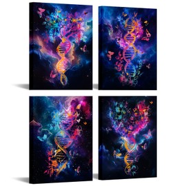 KREATIVE ARTS Watercolor DNA Helix Art Canvas Set of 4 Abstract Science Prints with Mystical Starry Background Framed Genetics Wall Art for Classroom Decor