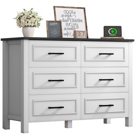 YITAHOME 6-Drawer Dresser with Built-in Power Outlet, Wood Dresser TV Stand with 6 Large Drawers & Bar Handles, Dresser Chest of Drawers for Entryway Living Room Hallway, White & Black