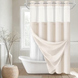 YellyHommy No Hook Linen Shower Curtain with Snap in Liner Set Less Time, Hotel Beige Shower Curtain for Bathroom Fabric with Mesh Top Window, Flax White 75" L x 72" W