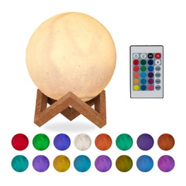Relaxdays 3D 16 Colors Dimmable Remote Control Wireless Moon Lamp with Stand Kids Moon Light LED 15cm White