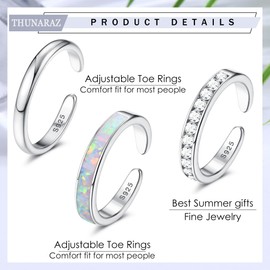 Thunaraz Toe Rings 925 Sterling Silver Toe Rings for Women CZ Band Opal Toe Rings Adjustable Toe Rings Summer Beach Open Toe Rings Foot Jewelry