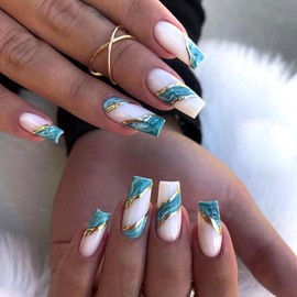 Coffin Press on Nails Medium Fake Nails with Gold Line Designs Light Blue Smudge Nails Press ons White Glue on Nails Glossy Full Cover Artificial Stick on Nails for Women 24Pcs