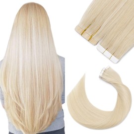 Silk-co Tape in Hair Extensions Human Hair 100% Real Remy Human Hair 22" 20 Pcs, 50g/Set #60 Platinum Blonde Skin Weft Seamless Straight