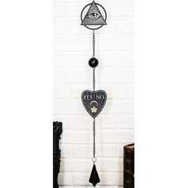 Ebros Ouija Board Planchette and All Seeing Eye of Providence Black Coated Steel Metal Wall Hanging Wind Chime with Beads Home and Patio Decor Wicca Occult Mobile Noisemaker