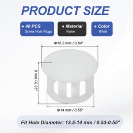 PATIKIL 14mm/9/16" Plastic Hole Plugs, 40 Pcs Flush Type Round Plug Snap in Locking Screw Hole Covers Insert End Caps for Furniture Cabinet Kitchen Door Shelves, White