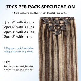 COOKAYU Clip in Hair Extensions Real Human Hair, 22inch 120g 7pcs Natural Human Hair Extensions Clip in Human Hair, 4P27 Medium Brown and Caramel Blonde