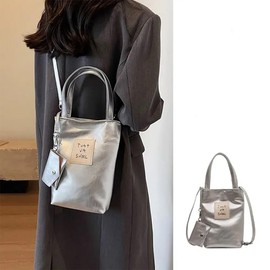 DIVA Rose Women's Shoulder Bag, Handbag, Tote Bag, Cute, Handbag, Glitter, Stylish, Retro, Light, Silver, Logo Bag, Silver