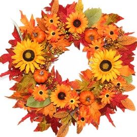 Lotus Hills Fall Wreath, 22 inch Fall Wreaths for Front Door, Fall Décor for Home, Autumn Wreath with Sunflower Maple Leaf Pumpkin Berry, Thanksgiving Wreath Farmhouse Décor, Fall Decorations