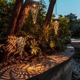 Outdoor Decorative Solar Hanging Lights with Delicate Hollow Conical Lantern Design - Set of 3 Chandelier for Patio, Tree, Garden, Yard, Porch, Backyard Pathway and Christmas Decoration.