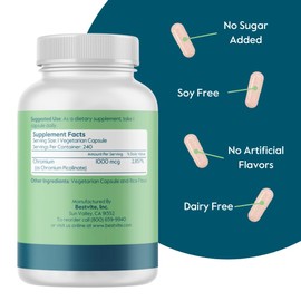 BESTVITE BESTVITE Chromium Picolinate 1000mcg (480 Vegetarian Capsules) (240 x 2) - No Stearates - No Dicalcium Phosphate - Vegan - Gluten Free - Non-GMO