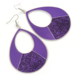 Large Purple Enamel With Glitter Oval Hoop Earrings In Silver Tone - 90mm L