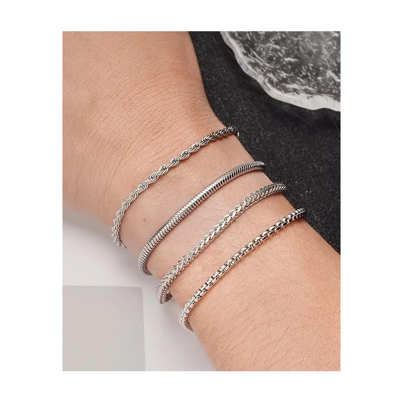 8Pcs Chain Bracelet Stainless Steel Curb Width Rope Figaro Cuban