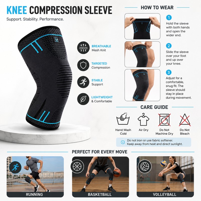 Compression Knee Sleeve for Sports Support – Breathable Anti-Slip Knee