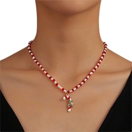Zeshimb Candy Cane Christmas Necklace Red Bead Crutch Pendent Necklace Christmas Red Beads Necklace Enamel Candy Cane Necklace Jewelry for Women and Girls Holiday Gifts