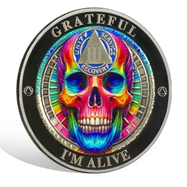 3 Year AA Sobriety Coin – Colorful Skull Recovery Token with Serenity Prayer – I'm Alive Medallion – Unity Service Recovery 12 Step Chip – Inspirational Milestone Gift
