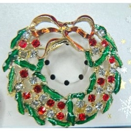 Unbranded Christmas Wreath Brooch Pin Gold Tone Enamel Red Green Festive Holiday Bow USA