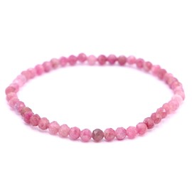 Taddart Minerals Pink Red Natural Gemstone Rubellite Tourmaline Bracelet with 4mm Faceted Balls on Elastic Nylon Thread - Handmade, Rubber, Rubellite Tourmaline