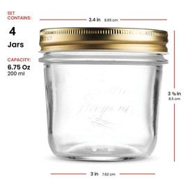 Bormioli Rocco Quattro Stagioni set of 4 Clear Airtight Mason Jars, 6.75 Oz. Made from BPA Free Durable Glass, Made In Italy.