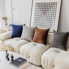 Demetex Cushion Cover 17.7 x 17.7 inches (45 x 45 cm), 1 Piece Set, Corduroy Fashion, Nordic, Washable, Fluffy, Hidden Zipper, Stripe, Decorative Pillow Cover for Sofa, Dark Gray [Cover Only]