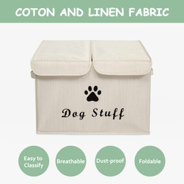Geyecete Large Storage Boxes - Large Linen Fabric Foldable Storage Cubes Bin Box Containers with Lid and Handles for Dog Apparel & Accessories, Dog Toys(BambooiBeige)