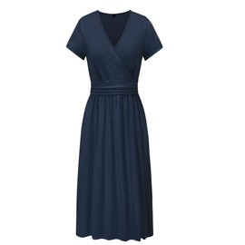 OUGES Women's 2024 Summer Short Sleeve V-Neck Wrap Casual Party Dress with Pockets(Navy,XL)