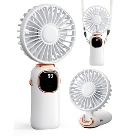 coldSky Portable Handheld Fan, 4000mAh Battery Operated 3 in 1 Multifunction Personal Travel Fan with Digital Display, 90° Foldable Desk Fan with Base, 5 Speed Lash Fan for Makeup/Office (White)