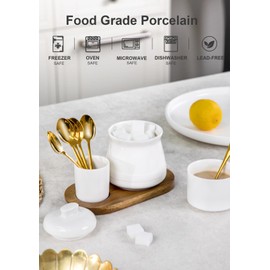 Nucookery Porcelain Sugar Bowl with Lid and Spoons, 14 oz. Large Sugar Container for Coffee Bar, Deluxe Sugar Bowl Set with Stainless Steel Spoons (White, Golden Spoon)