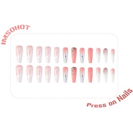 IMSOHOT Long Coffin Press on Nails Pink Gradient Fake Nails with Rhinestone & Glitter Designs Glossy White Marble Full Cover Glue on Nails Acrylic Ballerina False Nails Stick on Nails for Women