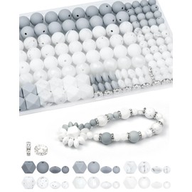 172PCS FIVEIZERO Silicone Beads for Keychain Making, 6 Mixed Colors Silicone Focal Beads Kit, 9mm & 15mm Round Lentil Hexagon Beads & Rhinestone Spacer Beads for Jewelry Making & Bracelets (White)
