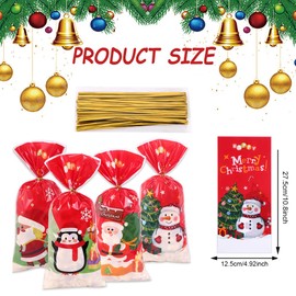 50 Pieces Red Christmas Cellophane Treat Bags, Clear Christmas Goodie Bags with 50pcs Twists Ties, 4 Styles Santa Claus Penguin Snowman Design Cellophane Candy Bag for Christmas Party Packaging Supply