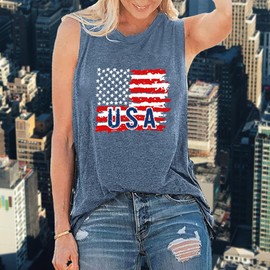 American Flag Tank Top Women Vintage USA Graphic Print Patriotic T Shirt Summer Casual Sleeveless Scoop Neck Workout Outdoor Athletic Cotton Tank Tops(Blue S)